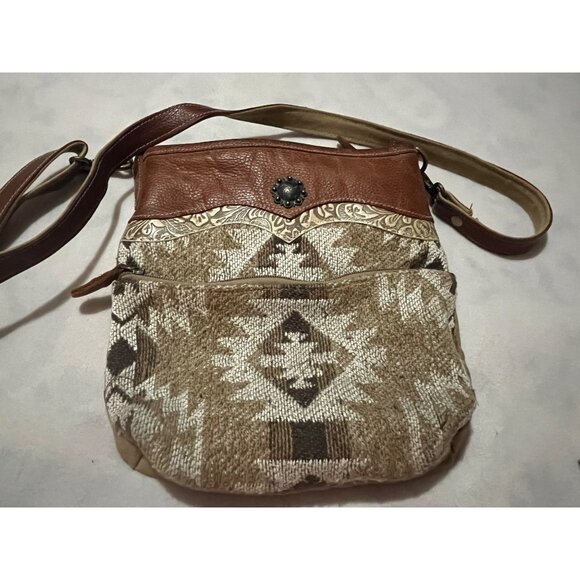 Myra Brown & Beige Boho Crossbody Bag Geometric Pattern Adjustable Strap Leather - Picture 1 of 14